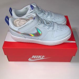 Kids Nike Court Borough Low 2, Aura/White Saphire, Gray, Girls or Boys size 1